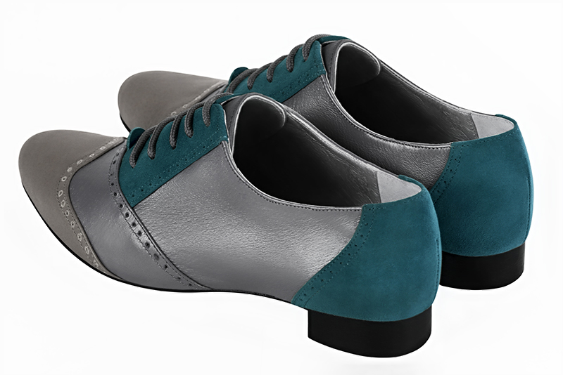 Ash grey and peacock blue women's fashion lace-up shoes. Round toe. Flat leather soles. Rear view - Florence KOOIJMAN